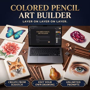 Könnte beinhalten: Ein Laptop mit der Benutzeroberfläche der Colored Pencil Art Builder Software, umgeben von verschiedenen Buntstiftzeichnungen, darunter ein blauer Schmetterling, eine rote Blume, ein Fuchs, eine Birne, ein Edelstein und ein Auge, mit Stiften.