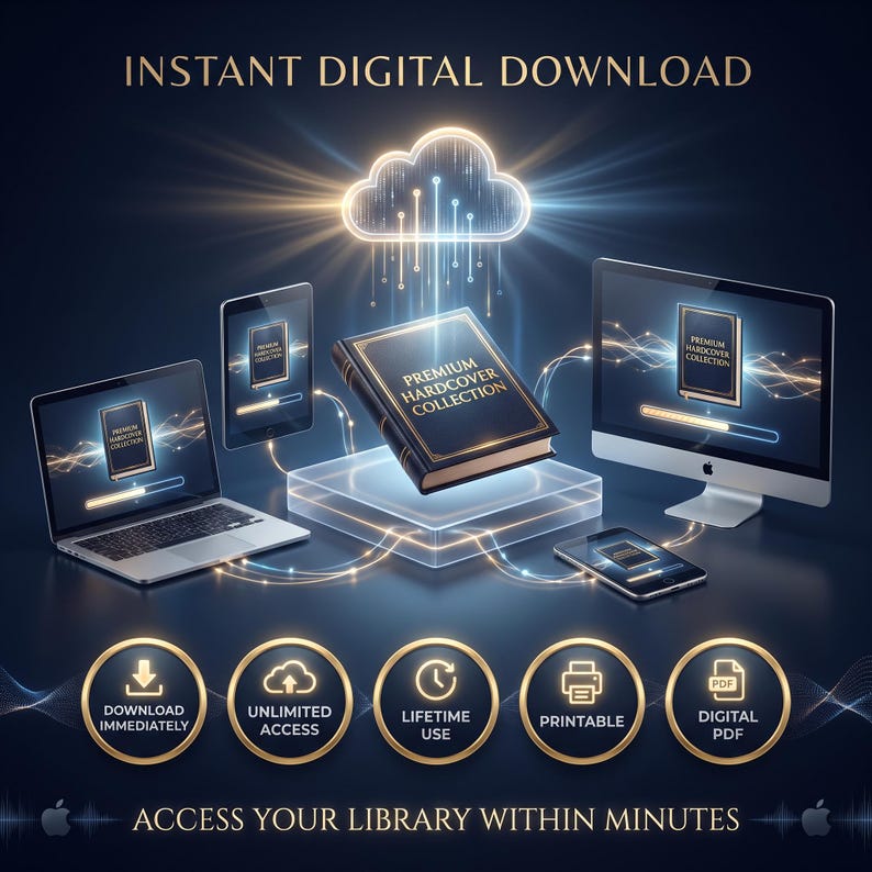 Puede incluir: Un gr&aacute;fico digital que muestra un libro central titulado PREMIUM HARDCOVER COLLECTION flotando sobre una plataforma, conectado a port&aacute;tiles, tabletas y un monitor. Debajo hay cinco iconos dorados para descarga, acceso, uso, impresi&oacute;n y PDF.