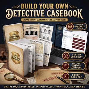 Pode incluir: Uma ferramenta digital para criar livros de casos de detetive exibida na tela de um laptop, acompanhada de livros de atividades encadernados em espiral, fichas de trabalho, listas de suspeitos, uma lupa e uma caneta.