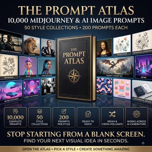 May include: A black book titled The Prompt Atlas with a gold compass icon on the cover, surrounded by a grid of various AI-generated images. Text includes 10,000 Midjourney & AI Image Prompts, 50 Style Collections, 200 Prompts Each, and Stop Starting From A Blank Screen.