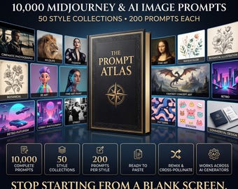 Guía imprimible en PDF con 10 000 sugerencias de imágenes para fotografía con IA de Midjourney. Libro de trucos para el estilo artístico de la fotografía.
