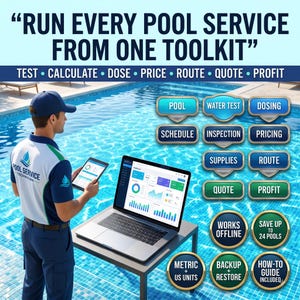 Może przedstawiać: Interfejs oprogramowania do zarządzania serwisem basenów wyświetlany na laptopie i tablecie. Ekran pokazuje wykresy i dane. Tekst brzmi: RUN EVERY POOL SERVICE FROM ONE TOOLKIT, TEST, CALCULATE, DOSE, PRICE, ROUTE, QUOTE, PROFIT, POOL, WATER TEST, DOSING, SCHEDULE, INSPECTION, PRICING, SUPPLIES, ROUTE, QUOTE, PROFIT, WORKS OFFLINE, SAVE UP TO 24 POOLS, METRIC + US UNITS, BACKUP + RESTORE, HOW-TO GUIDE INCLUDED.