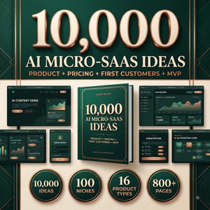May include: A digital product guide titled 10,000 AI MICRO-SAAS IDEAS, featuring a central book cover, surrounding software dashboard interface mockups, and four circular badges highlighting 10,000 ideas, 100 niches, 16 product types, and 800+ pages.