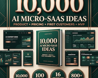 May include: A digital product guide titled 10,000 AI MICRO-SAAS IDEAS, featuring a central book cover, surrounding software dashboard interface mockups, and four circular badges highlighting 10,000 ideas, 100 niches, 16 product types, and 800+ pages.