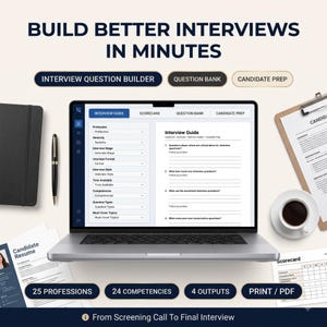 May include: A laptop displaying an interview guide interface with dropdown menus for profession, seniority, and interview stage. Surrounding items include a black notebook, a pen, a clipboard with candidate documents, and a cup of coffee.