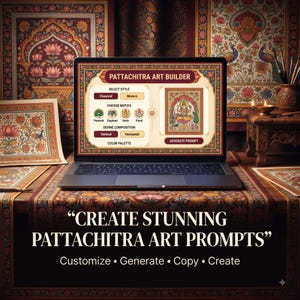 Może przedstawiać: Laptop z interfejsem Pattachitra Art Builder z opcjami wyboru stylów, motywów i kompozycji. Na ekranie widoczny jest tekst CREATE STUNNING PATTACHITRA ART PROMPTS, Customize, Generate, Copy, Create.