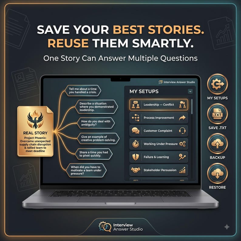 Puede incluir: Una pantalla de port&aacute;til muestra la interfaz de Interview Answer Studio con un mapa mental titulado REAL STORY Project Phoenix. La pantalla muestra categor&iacute;as como Leadership-Conflict y Process Improvement, con iconos circulares para My Setups, Save .TXT, Backup y Restore.