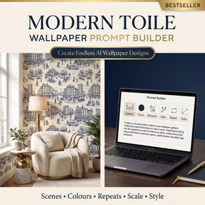 May include: A digital tool titled Modern Toile Wallpaper Prompt Builder featuring a laptop displaying a prompt interface for creating wallpaper designs. The screen shows options for scenes, colors, elements, style, repeat, and scale settings.