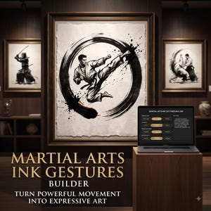 Puede incluir: Una ilustración en tinta enmarcada de un artista marcial realizando una patada alta dentro de un trazo de pincel circular negro. Un portátil sobre un pedestal de madera muestra el texto MARTIAL ARTS INK GESTURES BUILDER, con más arte enmarcado.