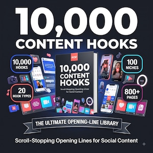 以下が含まれることがあります： 「10,000 Content Hooks」と題されたデジタル製品ガイド。中央のブックカバーを中心に、ソーシャルメディアのインターフェースを表示するスマートフォン画面、アイコン、10,000個のフック、100のニッチ、800ページ以上を強調するテキストバブルが配置されています。