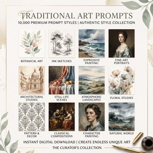 Pu&ograve; includere: Una guida digitale intitolata TRADITIONAL ART PROMPTS 10,000 PREMIUM PROMPT STYLES con dodici esempi di immagini quadrate tra cui arte botanica, schizzi a inchiostro, paesaggi, ritratti, nature morte, studi architettonici e motivi decorativi.