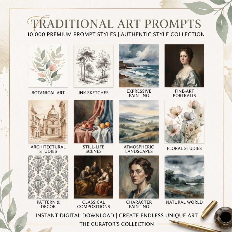 Pu&ograve; includere: Una guida digitale intitolata TRADITIONAL ART PROMPTS 10,000 PREMIUM PROMPT STYLES con dodici esempi di immagini quadrate tra cui arte botanica, schizzi a inchiostro, paesaggi, ritratti, nature morte, studi architettonici e motivi decorativi.