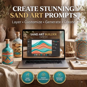Può includere: Un'interfaccia di strumento digitale intitolata SAND ART BUILDER visualizzata su uno schermo di computer portatile, con controlli per colore, livelli e texture. Lo schermo mostra una grafica di arte su sabbia. Tre badge dorati circolari indicano EASY TO USE, HIGHLY CUSTOMIZABLE, INSTANT ACCESS.