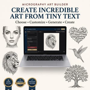 May include: A laptop displaying the Micrography Art Builder interface, surrounded by examples of art created from tiny text, including a human face, a lion, a heart-shaped text design, a hummingbird, and a tree, with three gold award-style badges.