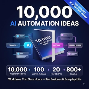 Op de afbeelding: Een donkerblauw boek getiteld 10,000 AI AUTOMATION IDEAS op een digitale achtergrond. De kaft toont een workflowdiagram met vakken voor trigger, AI, action en human check. De tekst vermeldt 10.000 automatiseringen, 100 werkgebieden, 20 patronen, 800+ pagina's.