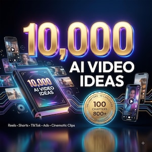May include: A digital product display featuring the text 10,000 AI VIDEO IDEAS in large gold letters. A book with the same title is shown alongside smartphones displaying video content, a gold circular badge with 100 CHAPTERS 800+ PAGES, and text listing Reels, Shorts, TikTok, Ads, and Cinematic Clips.