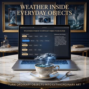 Könnte beinhalten: Ein Laptop mit der Benutzeroberfläche Weather Inside Everyday Objects Builder steht auf einem Tisch. Davor befindet sich eine Porzellantasse mit einem Gewitter, Blitzen und Regen. Der Text lautet Weather Inside Everyday Objects.