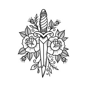 May include: A black and white line art illustration featuring a central vertical dagger with a textured handle, flanked by two blooming roses and smaller rosebuds with detailed leaves and swirling vine accents, rendered in a bold graphic style.