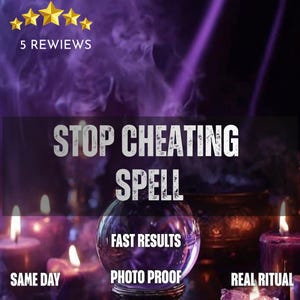 May include: A clear crystal ball sits centred in front of purple smoke and lit candles. Text reads: 5 REVIEWS, STOP CHEATING SPELL, FAST RESULTS, PHOTO PROOF, SAME DAY, REAL RITUAL. The scene is dark with purple lighting and glowing candle flames.
