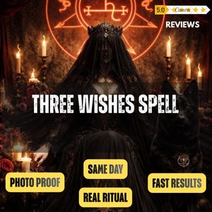 May include: A figure in a black lace gown and crown sits before a glowing red sigil, surrounded by lit candles and red roses. A black dog sits to the right. Text reads: THREE WISHES SPELL, PHOTO PROOF, SAME DAY, REAL RITUAL, FAST RESULTS.