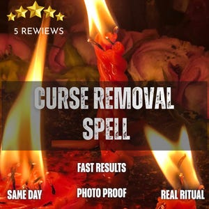 May include: A red twisted candle burning with a bright flame, surrounded by other lit candles. The image features text that reads 5 REVIEWS, CURSE REMOVAL SPELL, FAST RESULTS, SAME DAY, PHOTO PROOF, and REAL RITUAL against a dark, warm background.