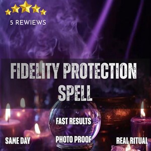 May include: A crystal ball sits in the center of a dark, purple-toned scene with lit candles and swirling smoke. Text reads: 5 REVIEWS, FIDELITY PROTECTION SPELL, FAST RESULTS, PHOTO PROOF, SAME DAY, REAL RITUAL. The overall aesthetic is dark and mystical.