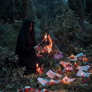 Puede incluir: Una persona con capa negra con capucha arrodillada ante una hoguera en un bosque. Alrededor hay velas encendidas, papeles y una tabla de madera con figuras de animales, granadas, nueces y flores sobre el suelo del bosque.