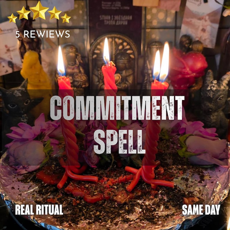 May include: Three red twisted taper candles with lit flames stand upright in a circular arrangement. The candles are surrounded by purple flower petals and dark herbs on a foil-covered base. The text COMMITMENT SPELL is centered in white.