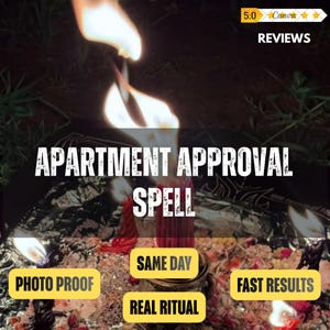 Peut inclure: Une scène sombre avec plusieurs bougies allumées aux flammes orange et jaune vives. Le texte APARTMENT APPROVAL SPELL est centré, avec des étiquettes rectangulaires jaunes indiquant SAME DAY, PHOTO PROOF, REAL RITUAL et FAST RESULTS.