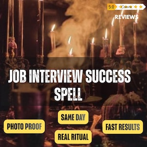 May include: A dark scene featuring multiple lit candles with visible smoke and the text "JOB INTERVIEW SUCCESS SPELL" in white. Yellow rectangular labels display the text "PHOTO PROOF", "SAME DAY", "REAL RITUAL", and "FAST RESULTS".