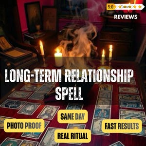 May include: A dark cauldron emitting thick smoke sits on a wooden table covered with tarot cards and lit candles. Text overlays read: LONG-TERM RELATIONSHIP SPELL, 5.0 REVIEWS, SAME DAY, PHOTO PROOF, REAL RITUAL, and FAST RESULTS in yellow boxes.