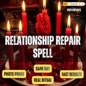 Puede incluir: Un conjunto de siete velas rojas dispuestas sobre un plato blanco con pétalos de rosa rojos. La vela central tiene forma de figura. Texto: RELATIONSHIP REPAIR SPELL, 5.0 REVIEWS, SAME DAY, PHOTO PROOF, REAL RITUAL, FAST RESULTS.