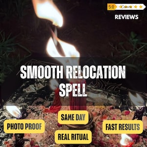 Peut inclure: Une collection de bougies rouges brûlant avec des flammes vives, entourées de pétales de fleurs séchées et d'herbes éparpillées. L'image comporte du texte blanc indiquant SMOOTH RELOCATION SPELL, SAME DAY, PHOTO PROOF, REAL RITUAL et REVIEWS.