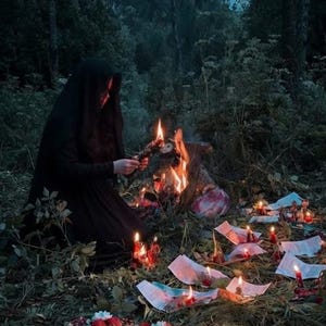 Puede incluir: Una persona con una capa negra con capucha arrodillada junto a una hoguera en un bosque, rodeada de papeles esparcidos, velas encendidas y una colecci&oacute;n de peque&ntilde;as figuras de animales como un oso, un cuervo y un ciervo, junto a granadas y nueces.