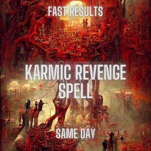 May include: A digital artwork featuring a chaotic, abstract landscape dominated by deep red and crimson tones with dark, tangled, tree-like structures. The text FAST RESULTS, KARMIC REVENGE SPELL, and SAME DAY is overlaid in white capital letters.