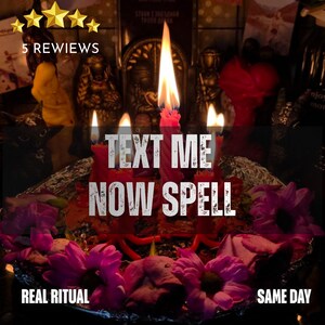 May include: A collection of lit pink candles arranged in a circle, surrounded by purple flowers on a foil-covered base. The text "TEXT ME NOW SPELL" is overlaid in the center, with "5 REVIEWS" at the top and "REAL RITUAL" and "SAME DAY" at the bottom.