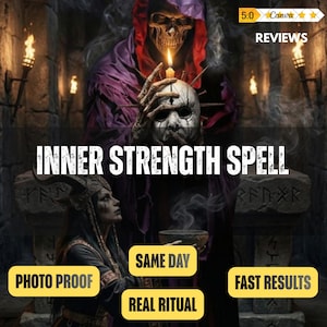 Könnte beinhalten: Eine digitale Illustration mit einer skelettierten Figur in einer violetten Robe, die eine weiße Maske mit einer brennenden Kerze hält, und einer gehörnten Person, die nach oben blickt. Text: INNER STRENGTH SPELL, REVIEWS, SAME DAY, PHOTO PROOF, REAL RITUAL, FAST RESULTS.