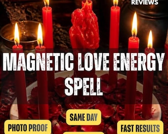 May include: A collection of seven red taper candles arranged on a white plate with scattered red rose petals. The central candle is shaped like two figures embracing. Text reads: MAGNETIC LOVE ENERGY SPELL, 5.0 REVIEWS, PHOTO PROOF, SAME DAY, REAL RITUAL, FAST RESULTS.