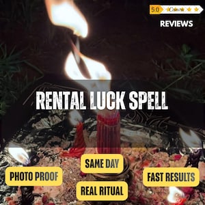May include: A bundle of red candles burning with bright flames, surrounded by scattered dried herbs and petals. The text RENTAL LUCK SPELL is centered, with yellow labels reading SAME DAY, PHOTO PROOF, REAL RITUAL, and FAST RESULTS.