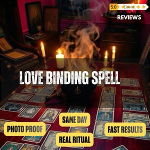 May include: A black cauldron emitting thick smoke sits on a dark table surrounded by numerous tarot cards. The text reads LOVE BINDING SPELL, 5.0 REVIEWS, SAME DAY, PHOTO PROOF, REAL RITUAL, and FAST RESULTS. Four lit candles provide illumination.