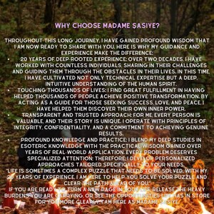 Puede incluir: Un gr&aacute;fico digital con el texto WHY CHOOSE MADAME SASIYE? seguido de una lista de servicios profesionales y detalles de experiencia. El fondo muestra un bosque borroso con varias velas rojas encendidas en el primer plano.