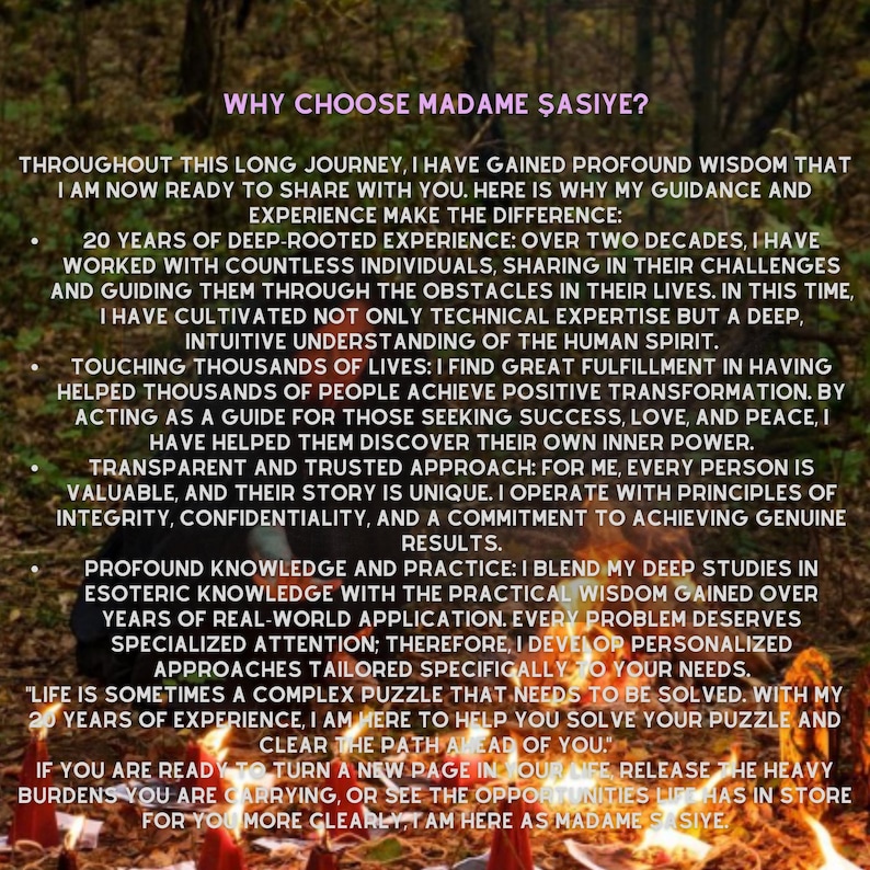 Puede incluir: Un gr&aacute;fico digital con el texto WHY CHOOSE MADAME SASIYE? seguido de una lista de servicios profesionales y detalles de experiencia. El fondo muestra un bosque borroso con varias velas rojas encendidas en el primer plano.