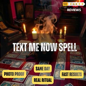 May include: A dark wooden table covered with numerous tarot cards arranged in a grid, featuring a central black cauldron emitting thick white smoke, surrounded by four lit white candles and yellow text overlays reading TEXT ME NOW SPELL.