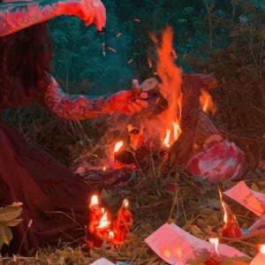 May include: A glass dropper bottle held over a small campfire, surrounded by scattered papers with printed text, red candles, cinnamon sticks, and small white flowers on the ground, illuminated by the orange glow of the flames.