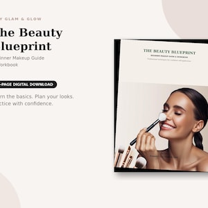 May include: A 52-page digital download titled The Beauty Blueprint Beginner Makeup Guide & Workbook. The cover features a smiling person applying makeup with a brush, with text reading Lizy Glam & Glow and Learn the basics. Plan your looks.