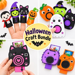 May include: A Halloween craft bundle featuring paper finger puppets of a vampire, witch, cat, and pumpkin, alongside circular character cutouts, and interactive camera-shaped photo holders in black, purple, and orange with graphic designs.