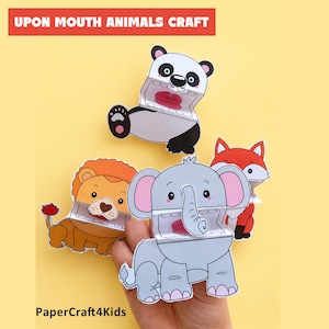 Könnte beinhalten: Ein Set aus Papierbastelarbeiten mit einem Panda, Löwen, Elefanten und Fuchs mit geöffneten Mäulern. Der Text UPON MOUTH ANIMALS CRAFT und PaperCraft4Kids ist sichtbar. Jedes Tier ist im Cartoon-Stil mit deutlichen Farben illustriert.