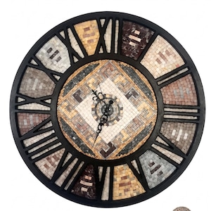 Handmade Roman Numeral Stone Mosaic Wall Clock, Large Rustic Wooden Round Clock, Unique Antique Housewarming Gift, Mid Century Home Decor