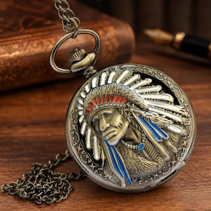 Native American Pocket Watch, Antique Bronze Chief Necklace Watch, Vintage Western Gift for Men