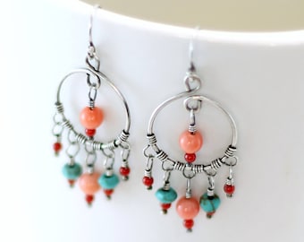 Turquoise and Coral Earrings, Oxidized Sterling Silver Genuine Turquoise Red and Pink Coral Boho Chandelier Earrings